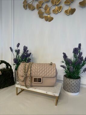 Karl Lagerfeld Quilted Shoulder Bag in Blush Pink with Gold Chain